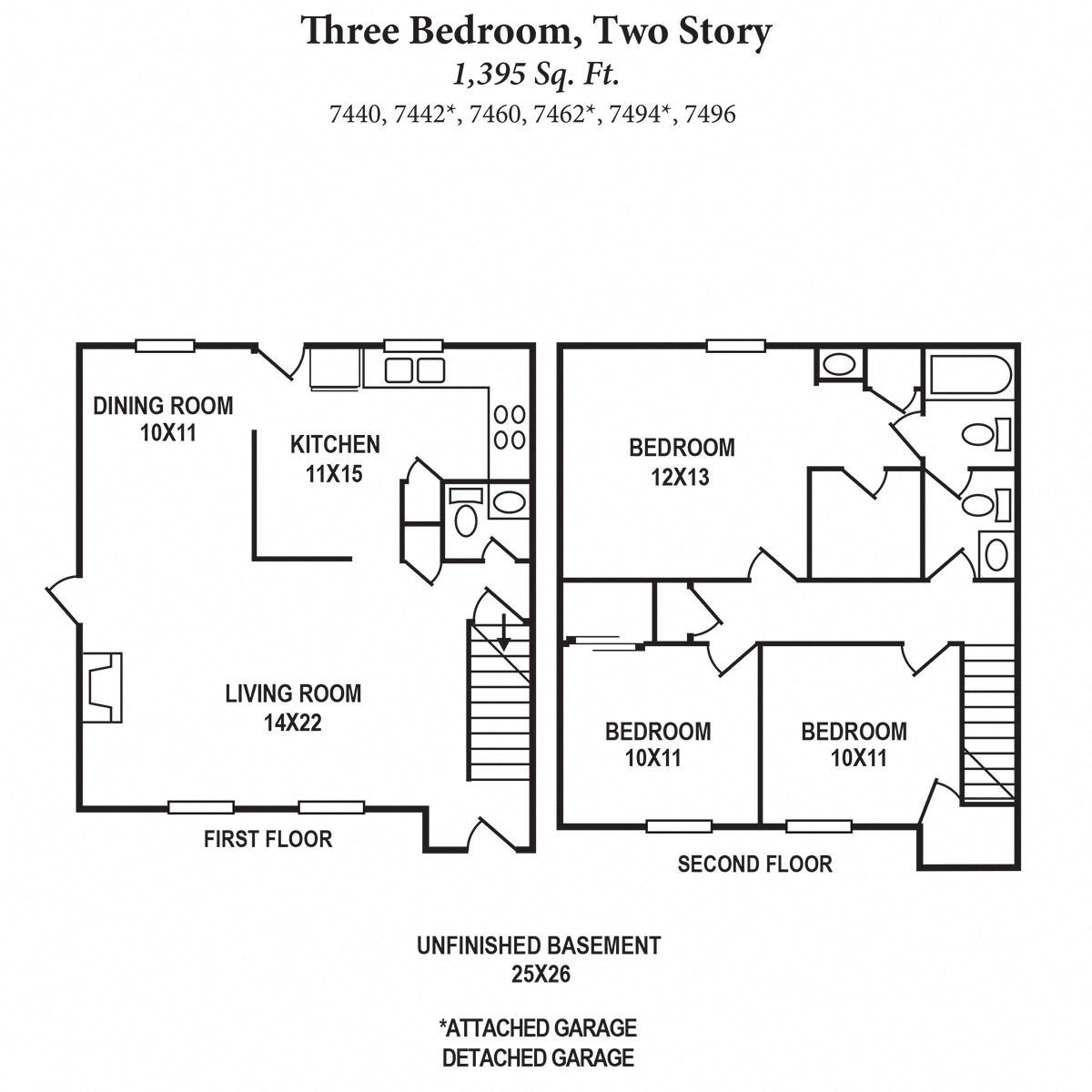 Floor plan for 3 beds, 1.5 baths, 1395 sqft